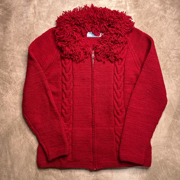 Vintage 80s The Sweater Venture Fuzzy Fringe Collar Cardigan Red Knit Zip Up - Picture 1 of 6